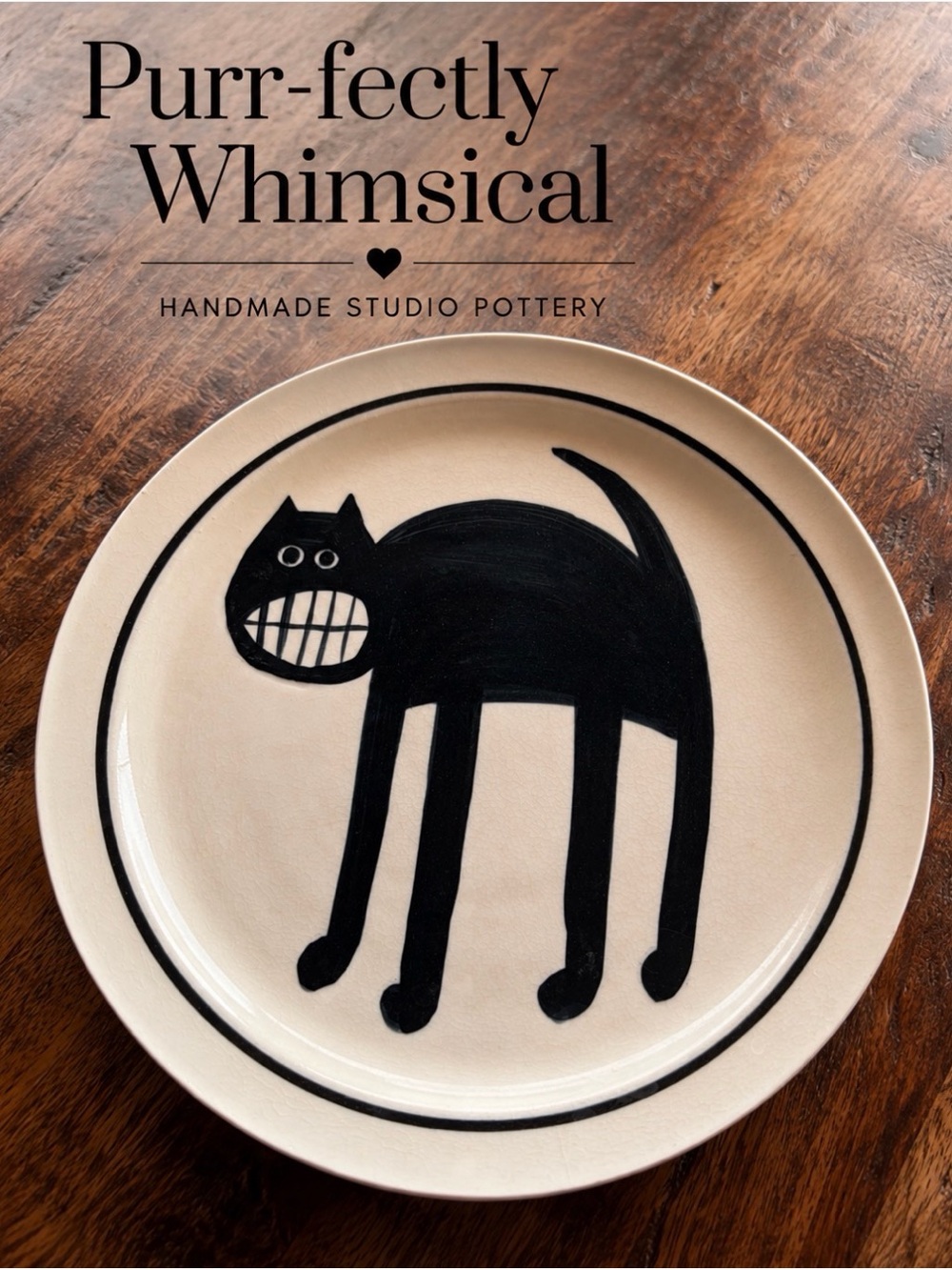 Karen Donleavy (KD) Handmade Studio Pottery Grinning Black Cat Plate